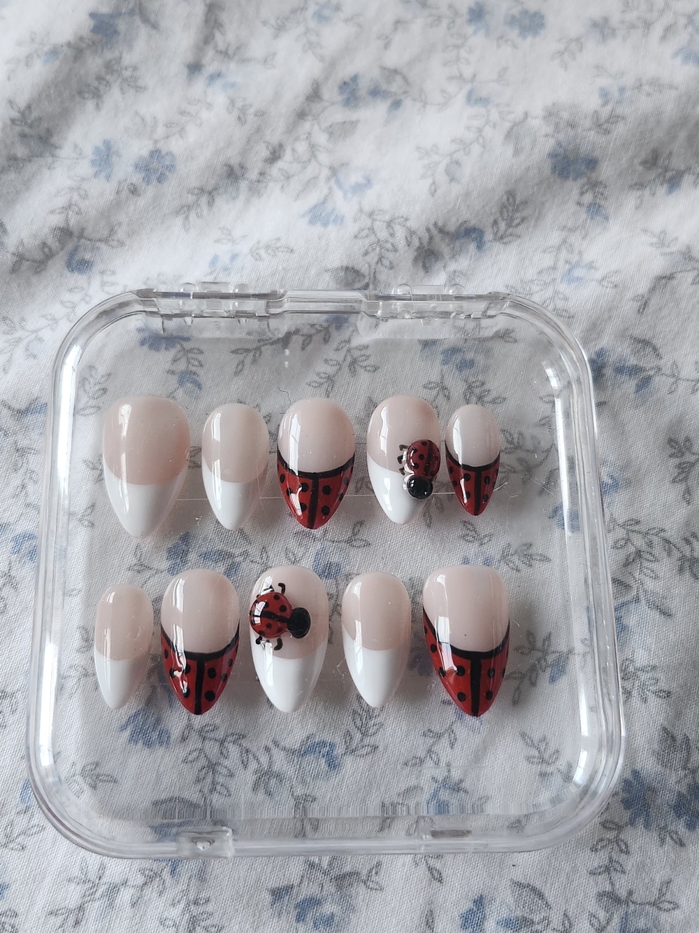 Hand Crafted Pink, White & Red Ladybug Press-On Nails